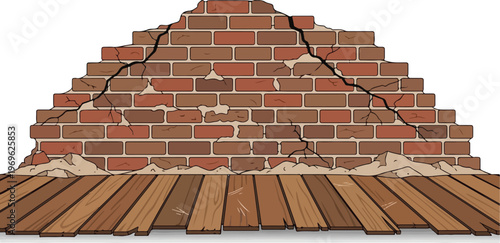 Cracked Brick Wall Over Wooden Floor Illustration Representing Structural Damage and Decay