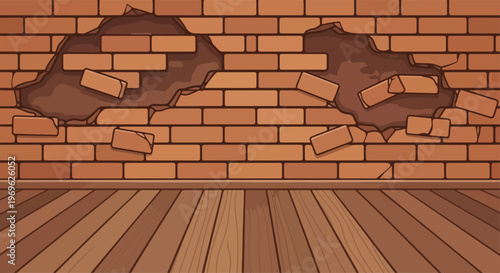 Broken brick wall with wooden floor background, interior scene illustration