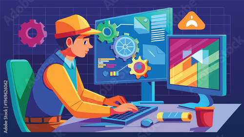 Person working on computer in a modern workspace during daytime while designing a project on screen