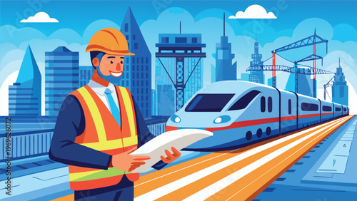 Worker checks plans at busy train station while train arrives and city skyline stands tall