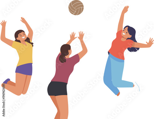 Women playing volleyball cartoon illustration set with jumping and hitting ball in dynamic sporty action scene flat vector design