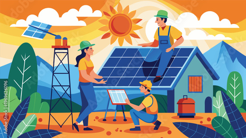 Workers install solar panels on a house in a sunny landscape with mountains and trees