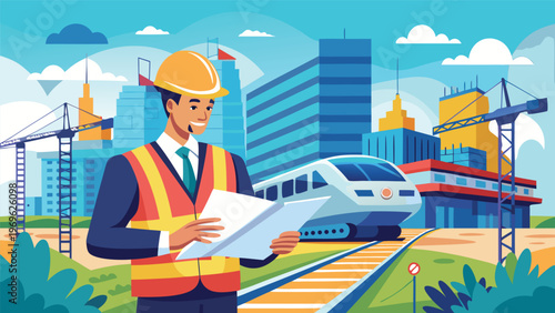 Engineer works on train project in urban area during daytime with buildings and construction in background