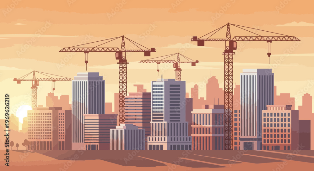 Obraz premium Construction Site with Cranes and Skyscrapers at Sunset.