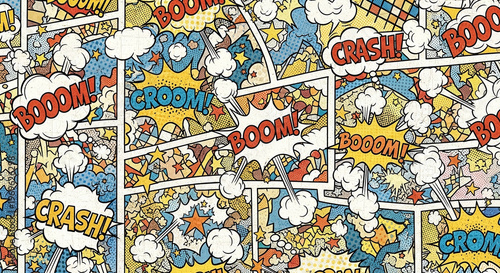 Vibrant comic book style illustration with explosion and crash sound effects in a collage.