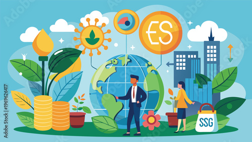 People discussing environmental topics next to a globe with plants and buildings in the background