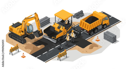 Construction site with heavy machinery and road repair.