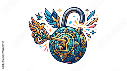 Colorful Padlock with Ornate Design.