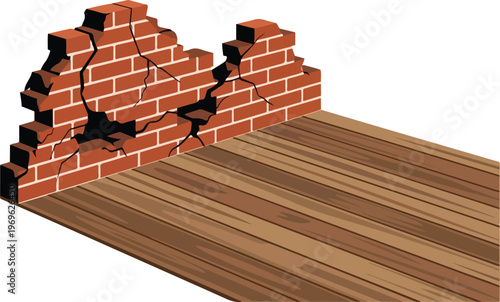 Broken brick wall with wooden floor, an illustration of structural damage and decay