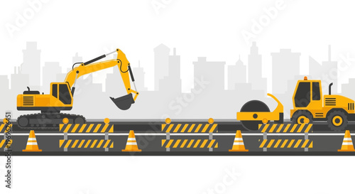 Construction site with heavy machinery and safety barriers.