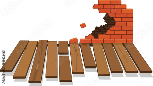 Damaged brick wall and wooden floor with hole in construction site