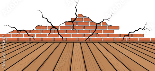 Cracked brick wall over wooden floor suggesting structural damage and repair needs