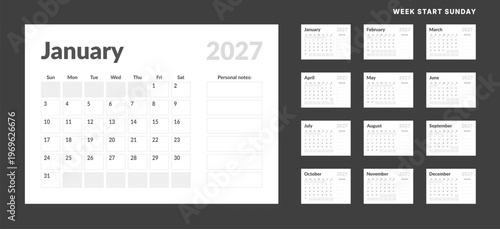 Set 12 Pages Monthly Calendar Planner Templates 2027 year with note. Vector mockup of wall, desktop calendar organizer grid ready print. Week starting on Sunday. Page schedule size A4 - 21x29.7 cm