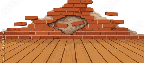 Damaged brick wall with a hole showing wooden floor below, concept of construction and repair
