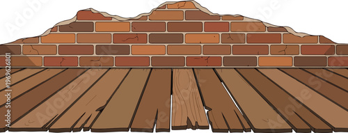 A dilapidated wooden platform in front of a crumbling brick wall, illustrating decay and neglect