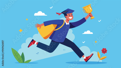 Student celebrates graduation with a trophy in hand while running outdoors on a sunny day