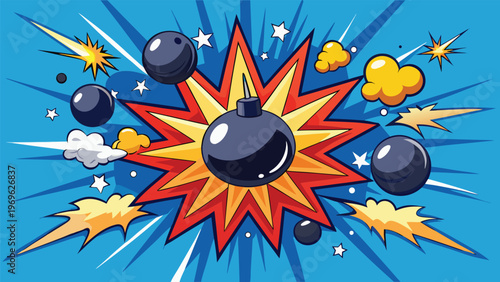 Explosion with black bomb and colorful blasts against a bright blue background during a graphic design scene