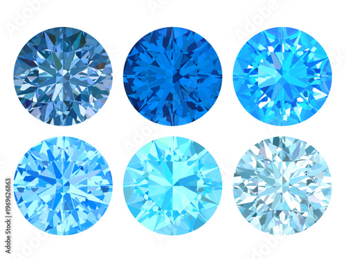 Six Blue Round Brilliant Diamonds Luxury Gem Set, Set of six blue round brilliant diamonds, high‑resolution sparkle for luxury, jewelry, and fashion designs.