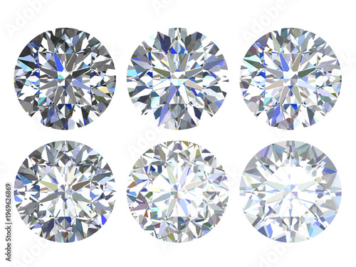 Six Round Brilliant Diamonds on Black – High-Detail Sparkling Gems Set, Set of six round brilliant diamonds isolated on black, high-resolution sparkle for luxury, jewelry, and fashion designs.