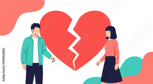 Vector illustration of man and woman divided by broken heart, teal and salmon tones