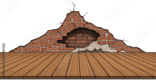 Damaged brick wall crumbling and breaking apart, revealing the interior structure with wooden floor in foreground