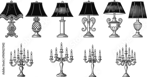 Collection of ornate vintage table lamps and classical candelabras with decorative bases, detailed lampshades, and elegant multi‑arm candle holders