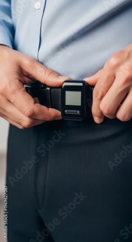 Man holding small black device on belt.