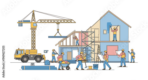 Construction site with workers and crane building house.