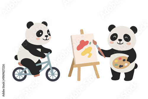 Cute Panda Character Set Riding a Bicycle and Painting on Canvas Scandinavian Vector Illustration