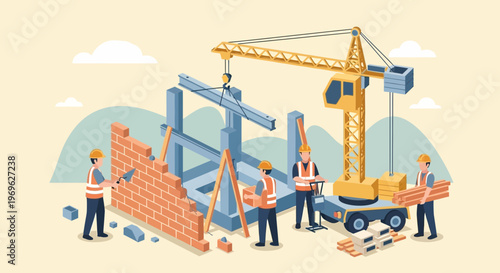 Construction site with workers and crane building structure 1.
