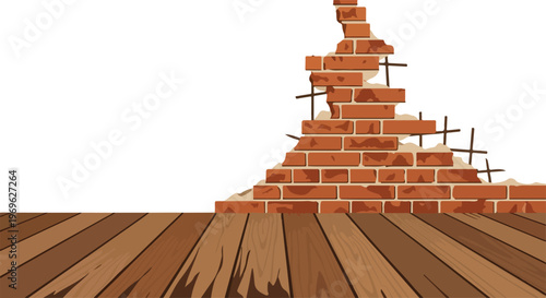 Destroyed brick wall revealing wooden floor, concept of renovation or destruction