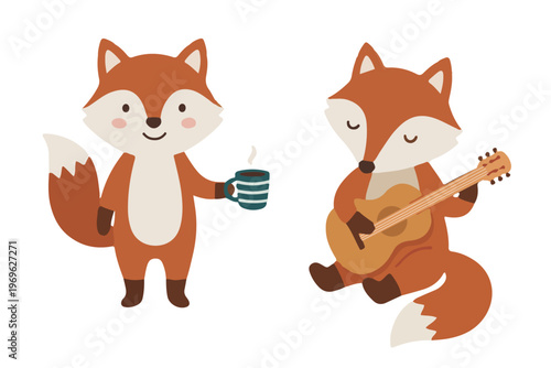 Red Fox Character Set Holding Coffee Mug and Playing Guitar Scandinavian Style Vector Illustration