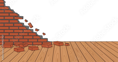 Illustration of a wooden floor with a brick wall partially crumbling and falling apart, scattering bricks