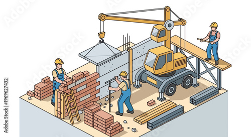 Construction workers building a structure with crane and machinery.