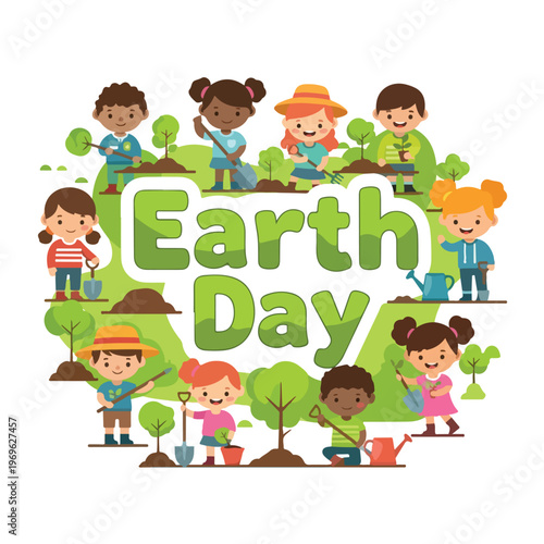 Happy diverse children planting trees and gardening to celebrate Earth Day with green nature and environmental awareness