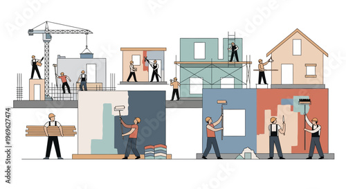 Construction workers building houses and structures together.