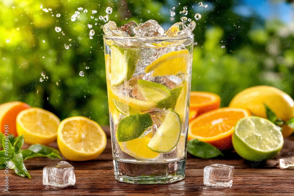 Fototapeta premium Citrus Cubes Bursting Upward from Glass of Refreshing Sparkling Water