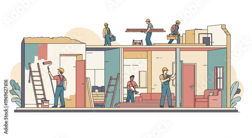 Construction workers renovating a house interior section.