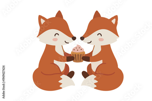 Couple of Cute Foxes Sharing a Cupcake Sweet Friendship Scandinavian Vector Illustration