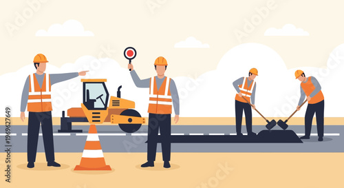 Construction workers performing road repair and maintenance tasks.