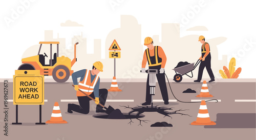 Construction workers repairing road with heavy machinery and tools.