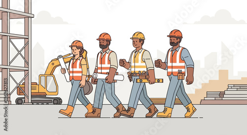 Construction workers walking together on a site.