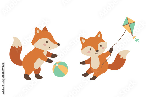Playful Fox Character Set Playing with Ball and Flying a Kite Scandinavian Vector Illustration