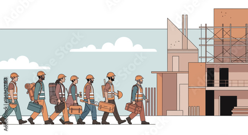 Construction workers walking towards a building site 1.