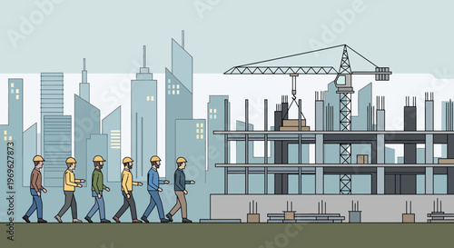 Construction workers walking towards a building site.