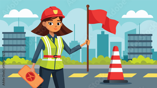 Traffic control worker guides vehicles in city setting during daytime