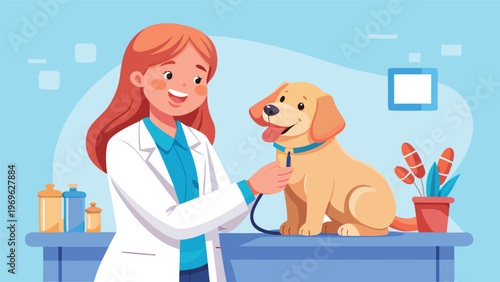 Veterinarian examines a dog in a clinic during a routine check-up session