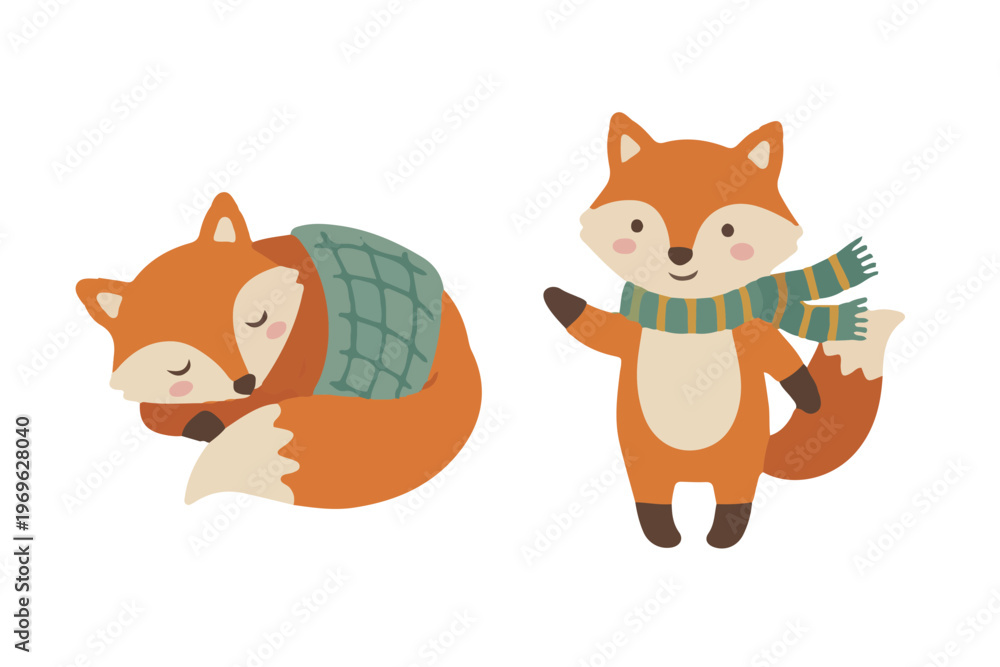 Fototapeta premium Cozy Fox Character Set Sleeping with Blanket and Wearing Scarf Scandinavian Vector Illustration