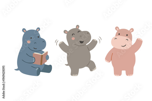 Kawaii Hippo Character Set Reading Book and Dancing in Flat Scandinavian Style