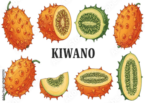 Kiwano fruit illustration, exotic horned melon slices and whole fruit arrangement